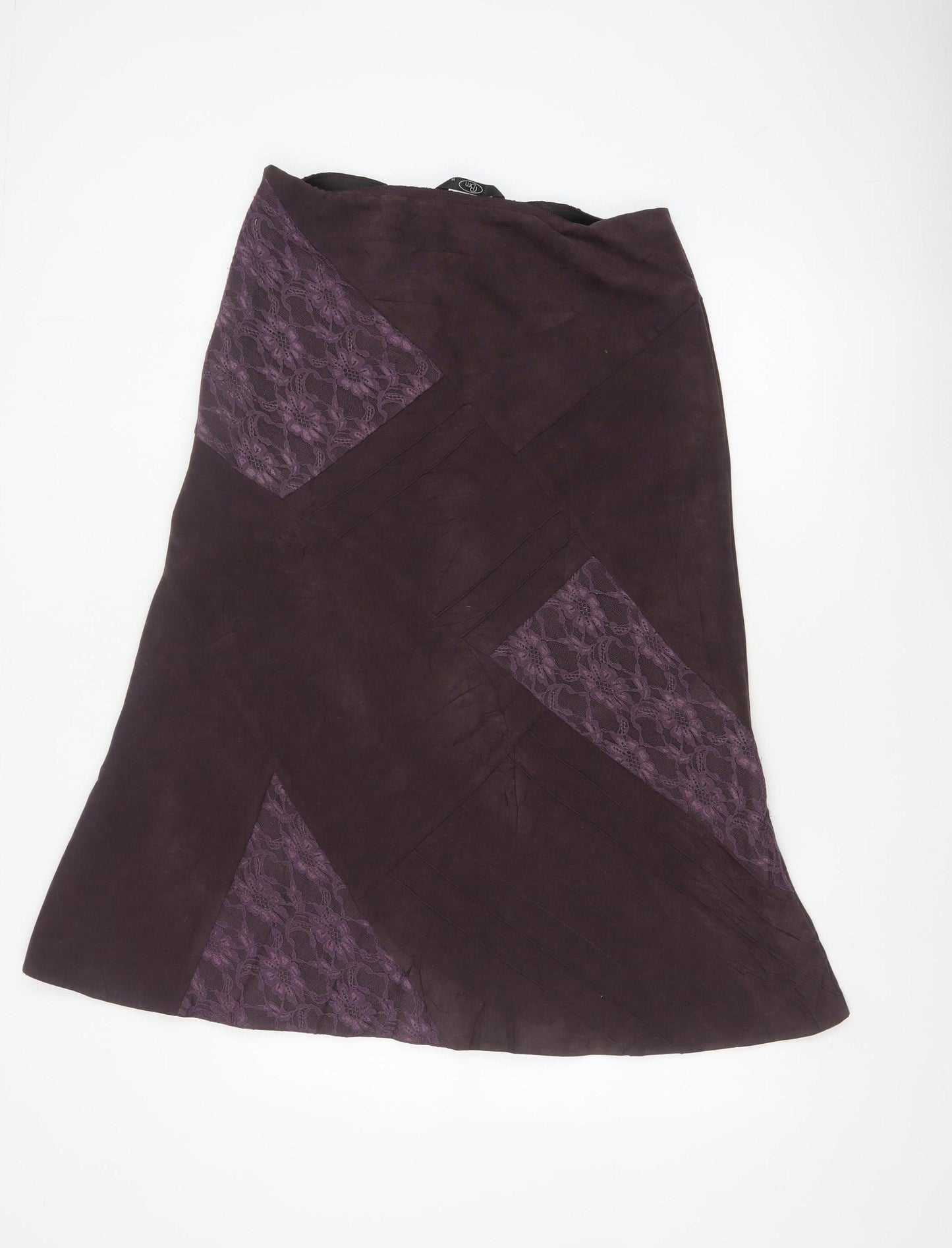 BM Women’s Purple Size 14 Midi A-Line Floral Lace Panel Skirt