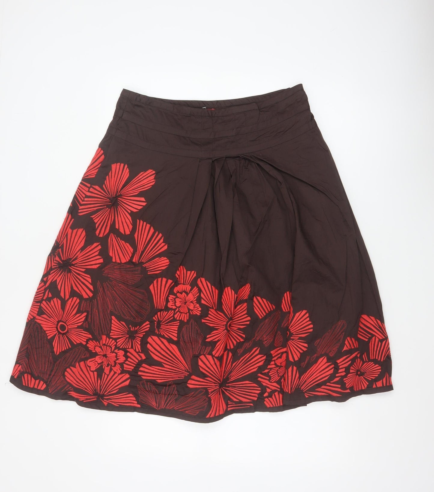 Monsoon Women Brown Red Floral A-Line Pleated Skirt UK 12