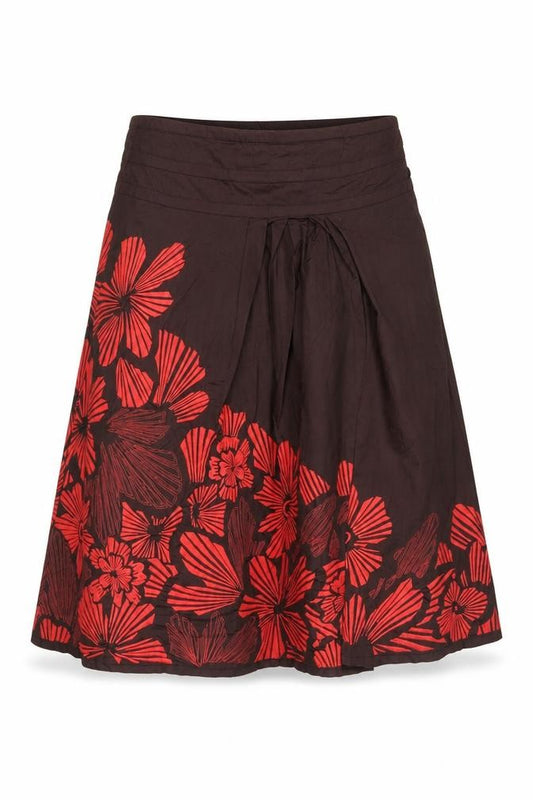 Monsoon Women Brown Red Floral A-Line Pleated Skirt UK 12