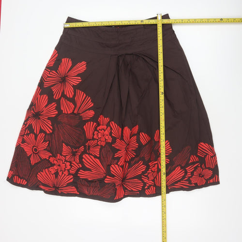 Monsoon Women Brown Red Floral A-Line Pleated Skirt UK 12