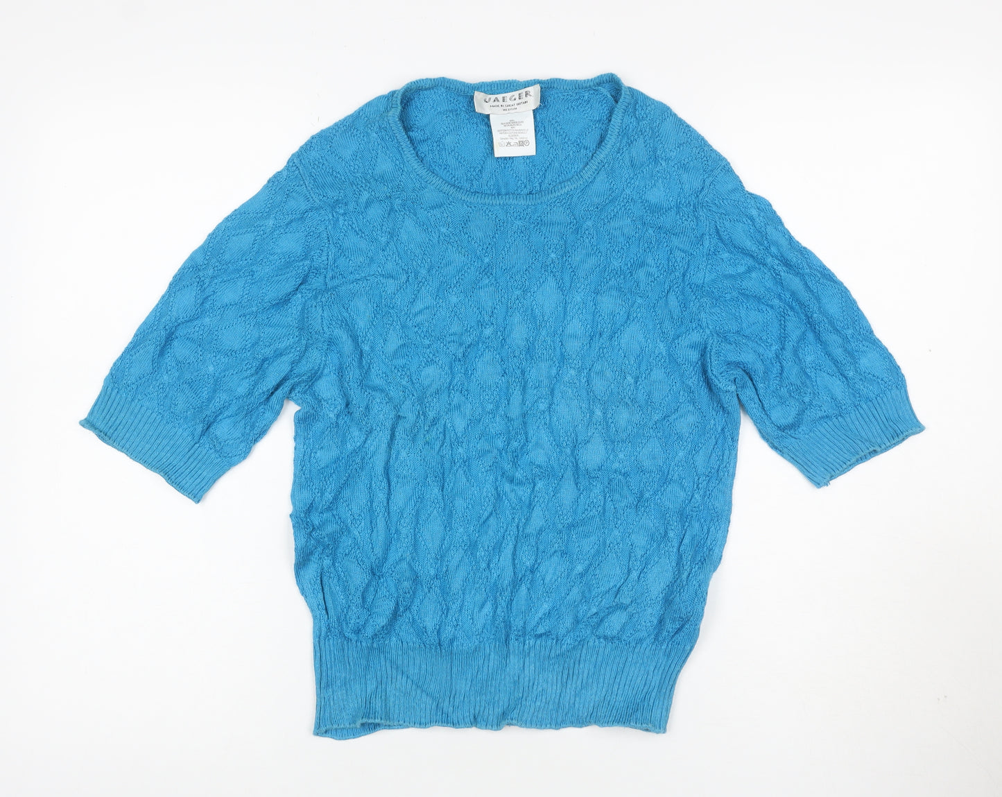 Jaeger Women’s Blue Silk Cotton Cable Knit Short Sleeve Jumper M