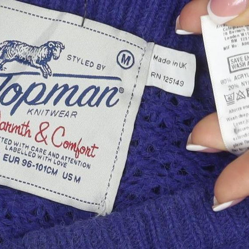 Topman Men Blue M Open-Knit Crew Neck Mohair Blend Jumper