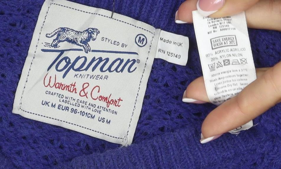 Topman Men Blue M Open-Knit Crew Neck Mohair Blend Jumper