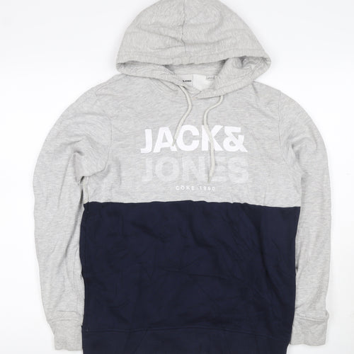 Jack & Jones Men's Grey Navy S Pullover Hoodie Graphic Logo Drawstring
