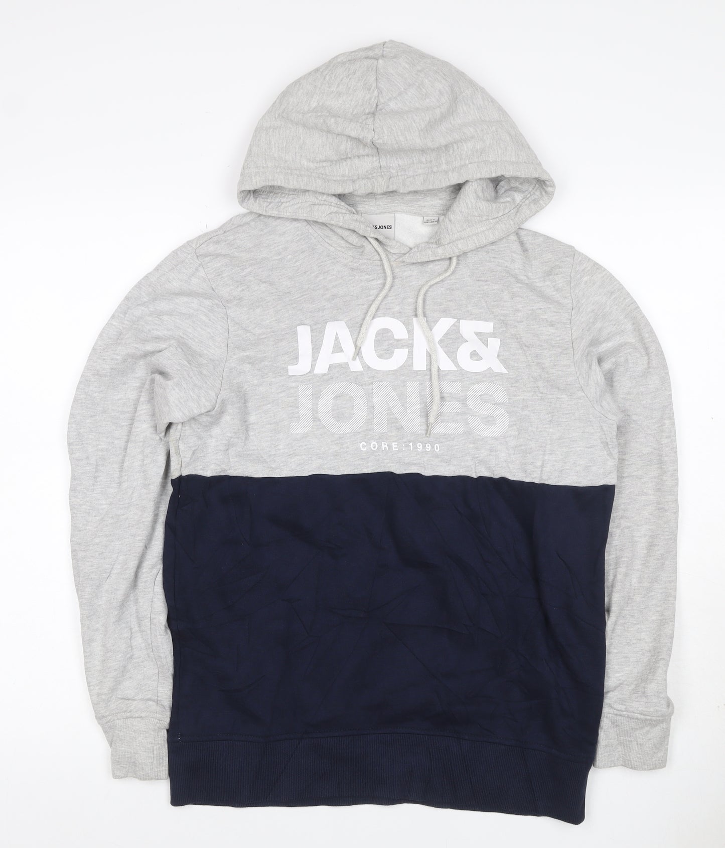 Jack & Jones Men's Grey Navy S Pullover Hoodie Graphic Logo Drawstring