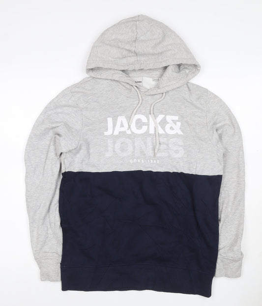Jack & Jones Men's Grey Navy S Pullover Hoodie Graphic Logo Drawstring
