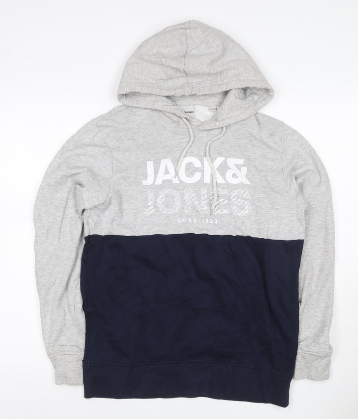 Jack & Jones Men's Grey Navy S Pullover Hoodie Graphic Logo Drawstring