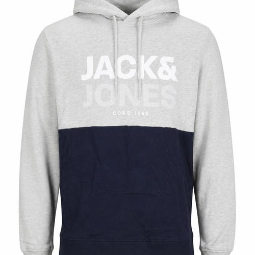 Jack & Jones Men's Grey Navy S Pullover Hoodie Graphic Logo Drawstring