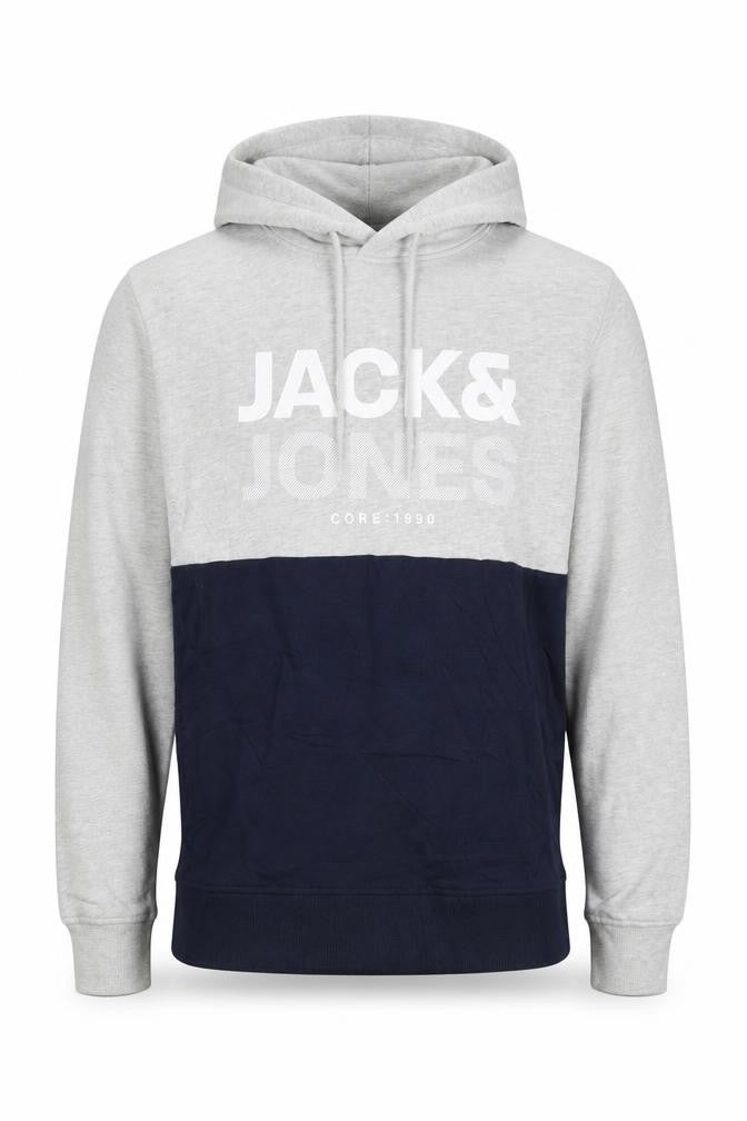 Jack & Jones Men's Grey Navy S Pullover Hoodie Graphic Logo Drawstring