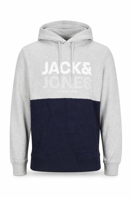 Jack & Jones Men's Grey Navy S Pullover Hoodie Graphic Logo Drawstring
