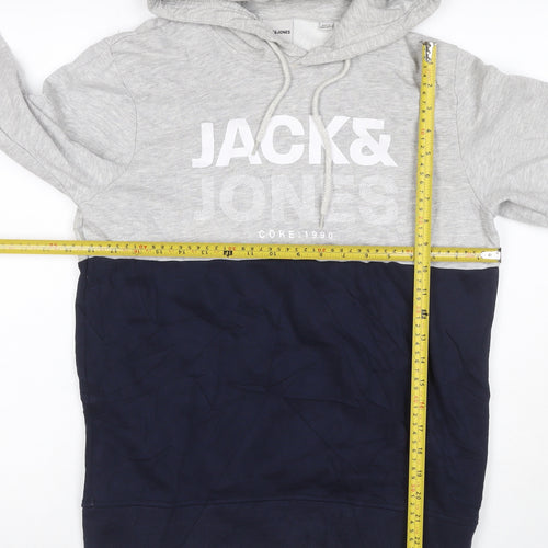 Jack & Jones Men's Grey Navy S Pullover Hoodie Graphic Logo Drawstring