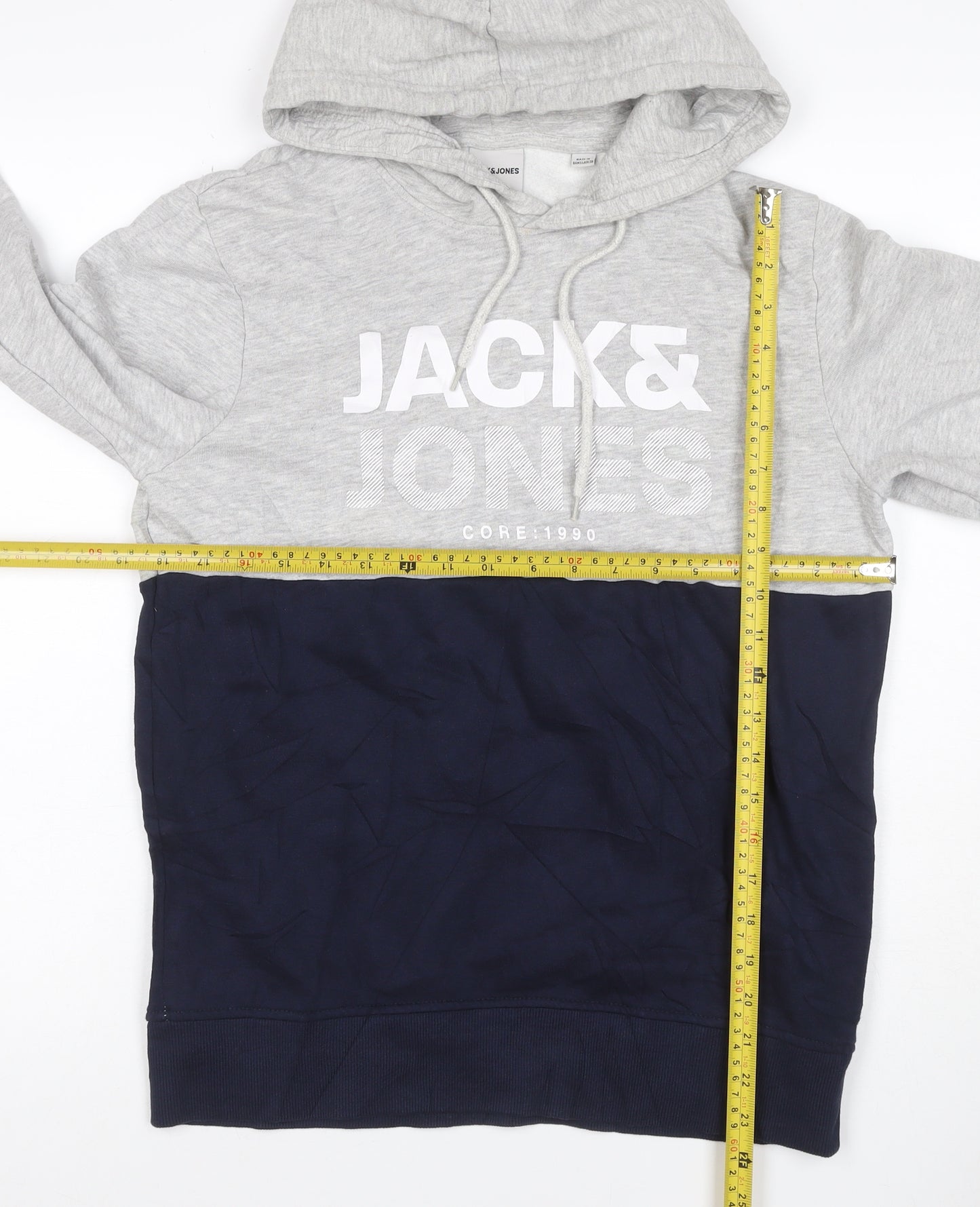 Jack & Jones Men's Grey Navy S Pullover Hoodie Graphic Logo Drawstring
