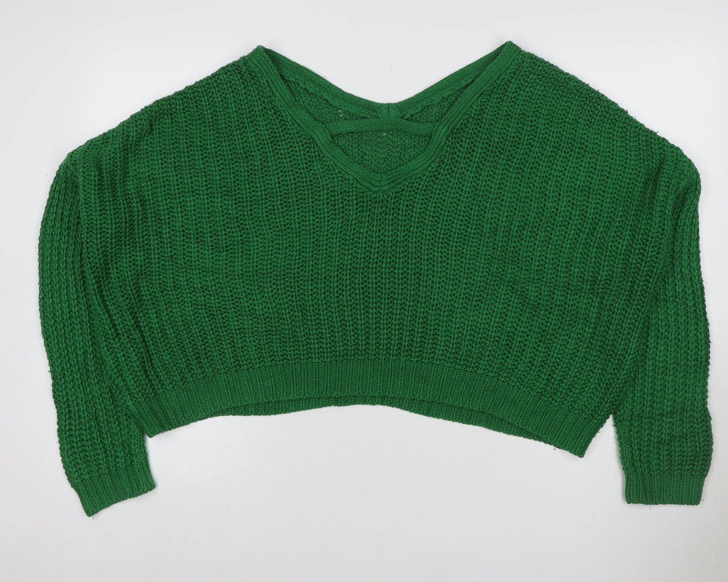 Urban Outfitters Women Green XS Chunky Knit V-Neck Cropped Pullover Jumper