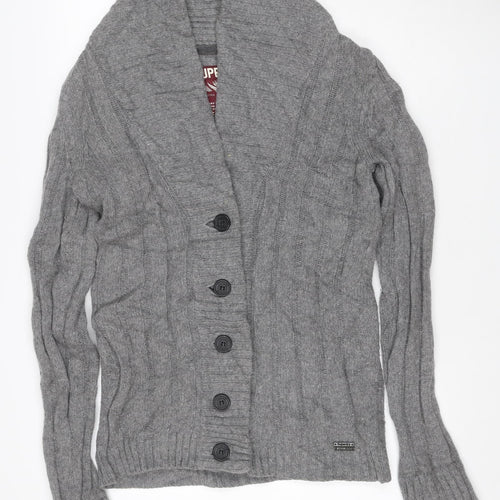 Superdry Men Grey M Cable Knit Wool Blend Button Cardigan