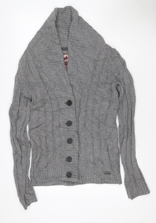 Superdry Men Grey M Cable Knit Wool Blend Button Cardigan
