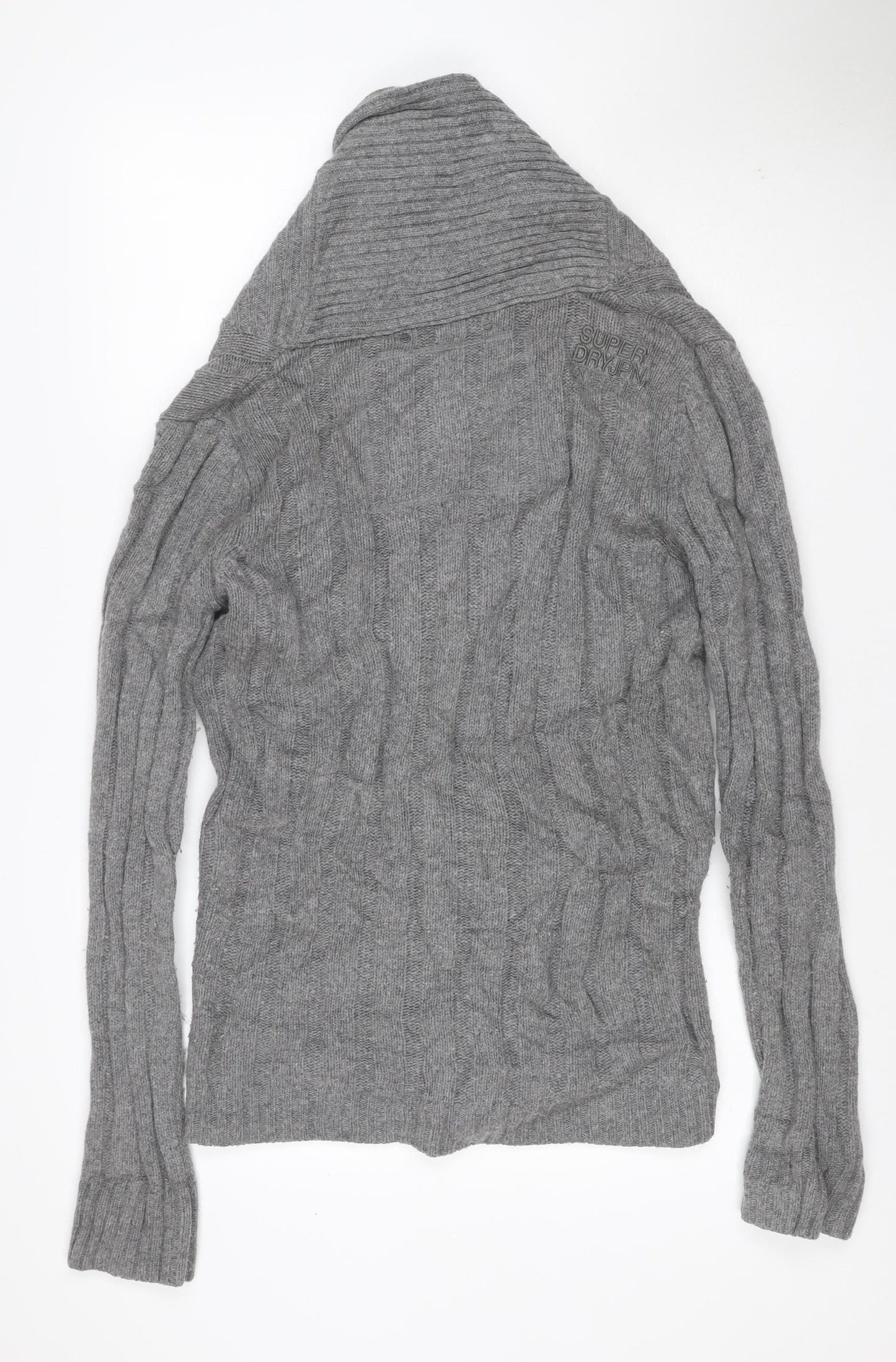 Superdry Men Grey M Cable Knit Wool Blend Button Cardigan