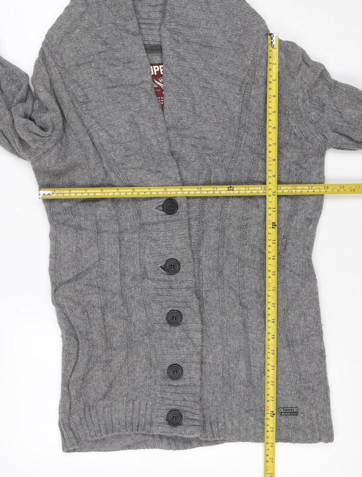 Superdry Men Grey M Cable Knit Wool Blend Button Cardigan