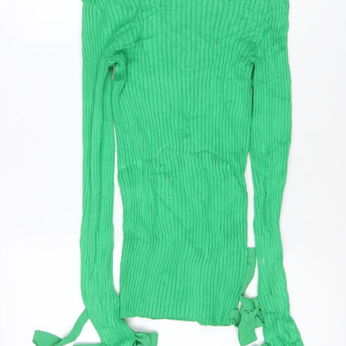 H&M Women Green UK 8 Ribbed Roll Neck Tie Cuff Slim Knit Jumper