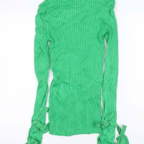 H&M Women Green UK 8 Ribbed Roll Neck Tie Cuff Slim Knit Jumper