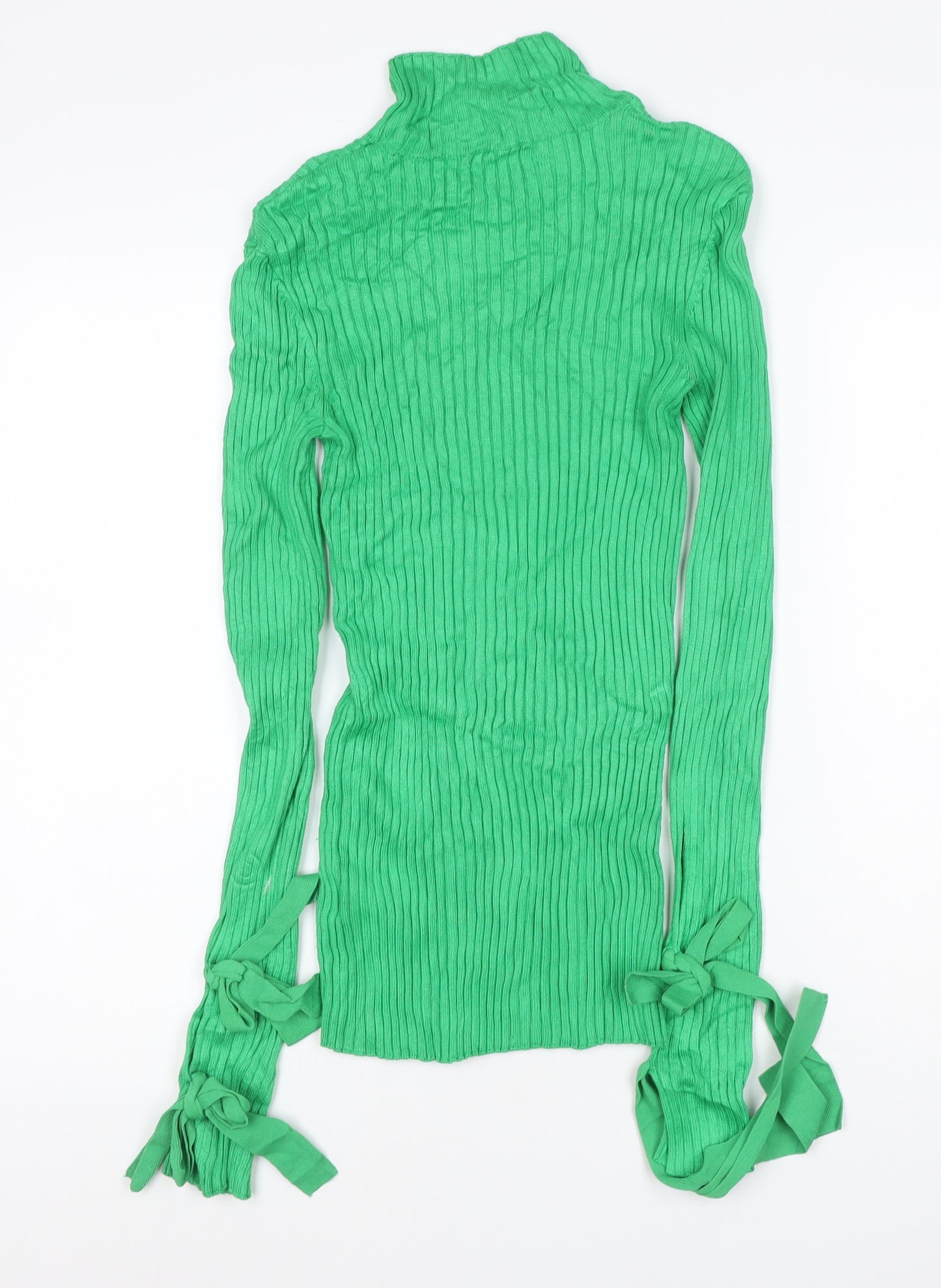 H&M Women Green UK 8 Ribbed Roll Neck Tie Cuff Slim Knit Jumper