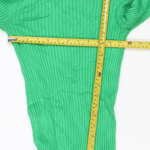 H&M Women Green UK 8 Ribbed Roll Neck Tie Cuff Slim Knit Jumper