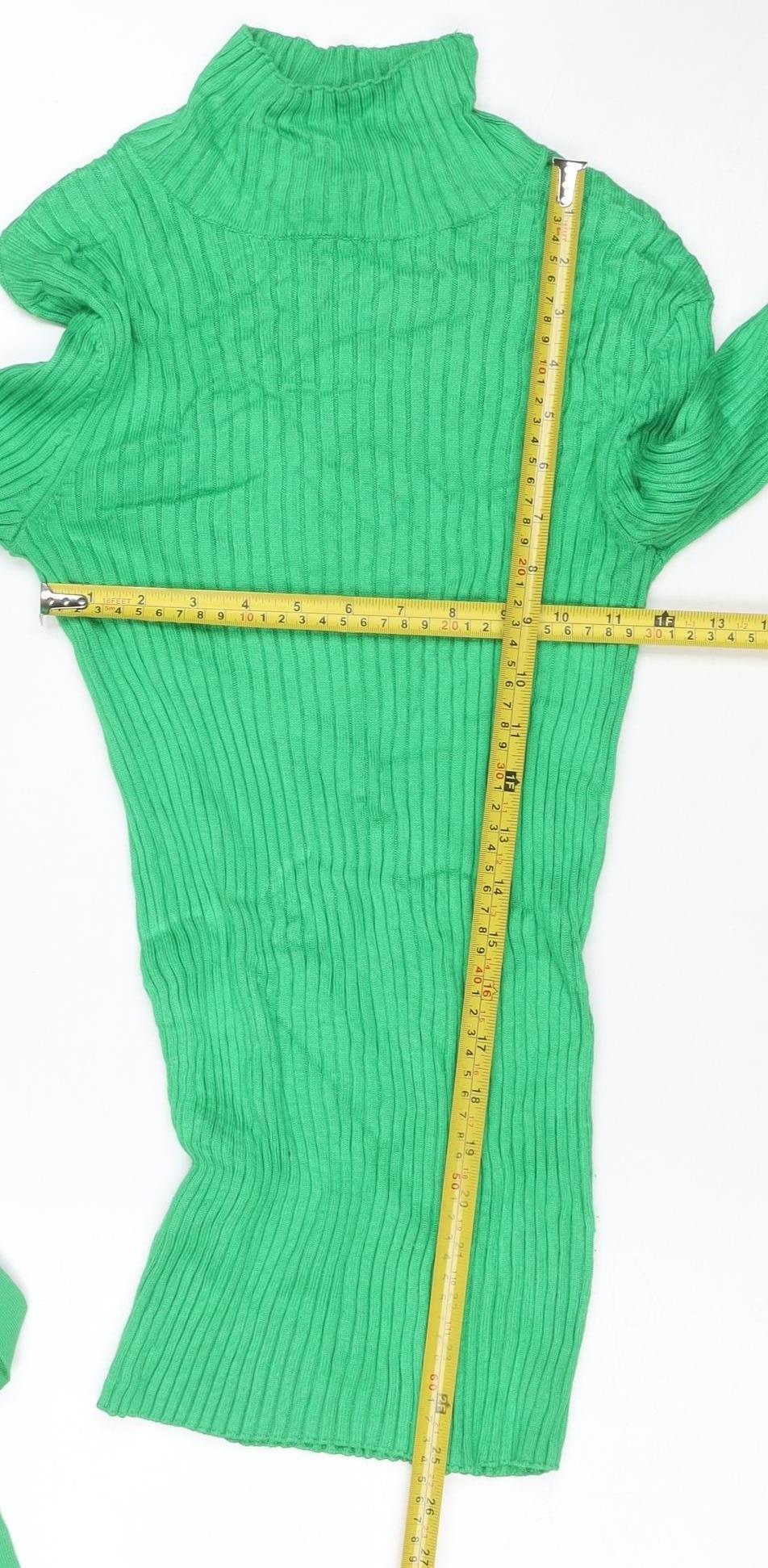 H&M Women Green UK 8 Ribbed Roll Neck Tie Cuff Slim Knit Jumper