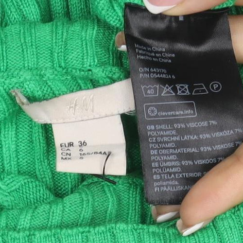 H&M Women Green UK 8 Ribbed Roll Neck Tie Cuff Slim Knit Jumper