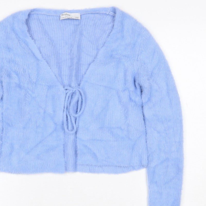 Additional view of Bershka Women’s Blue M Cable-Knit Tie Front Wrap Cardigan