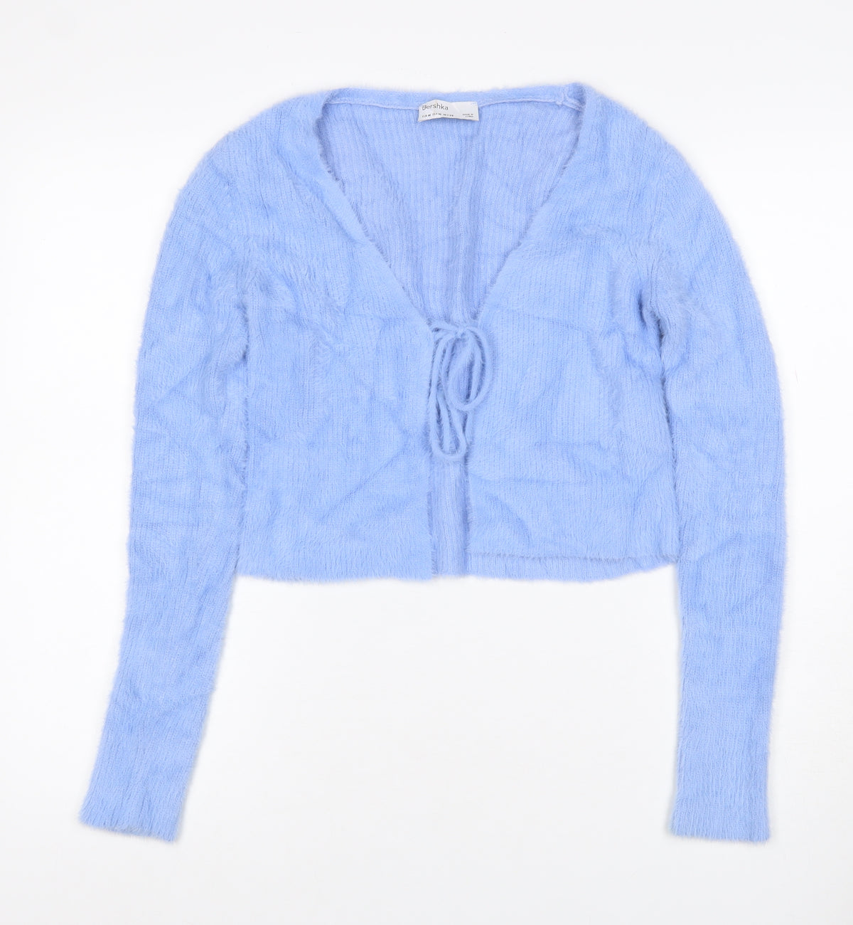 Back view of Bershka Women’s Blue M Cable-Knit Tie Front Wrap Cardigan