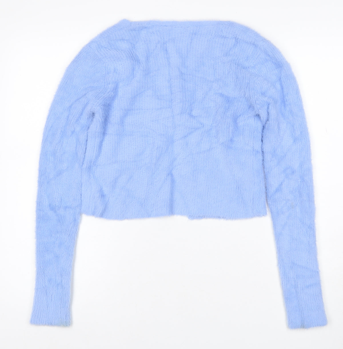 Close-up detail of Bershka Women’s Blue M Cable-Knit Tie Front Wrap Cardigan