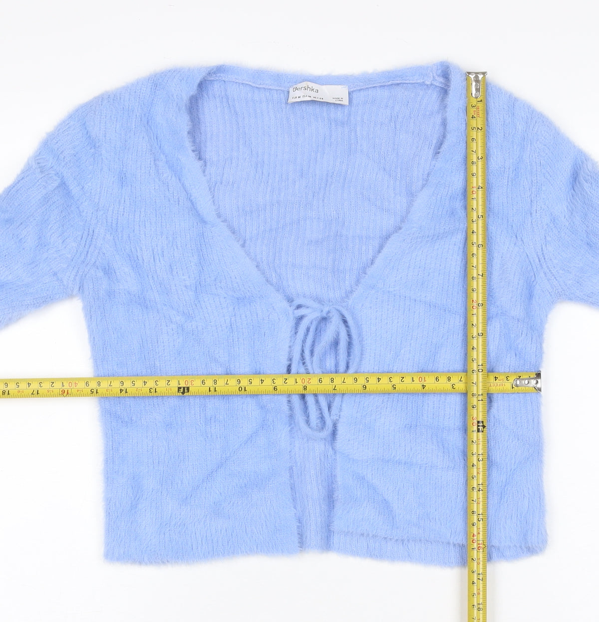 Brand and care label for Bershka Women’s Blue M Cable-Knit Tie Front Wrap Cardigan