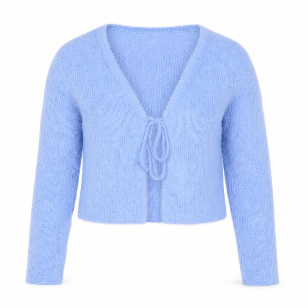 Front view of Bershka Women’s Blue M Cable-Knit Tie Front Wrap Cardigan