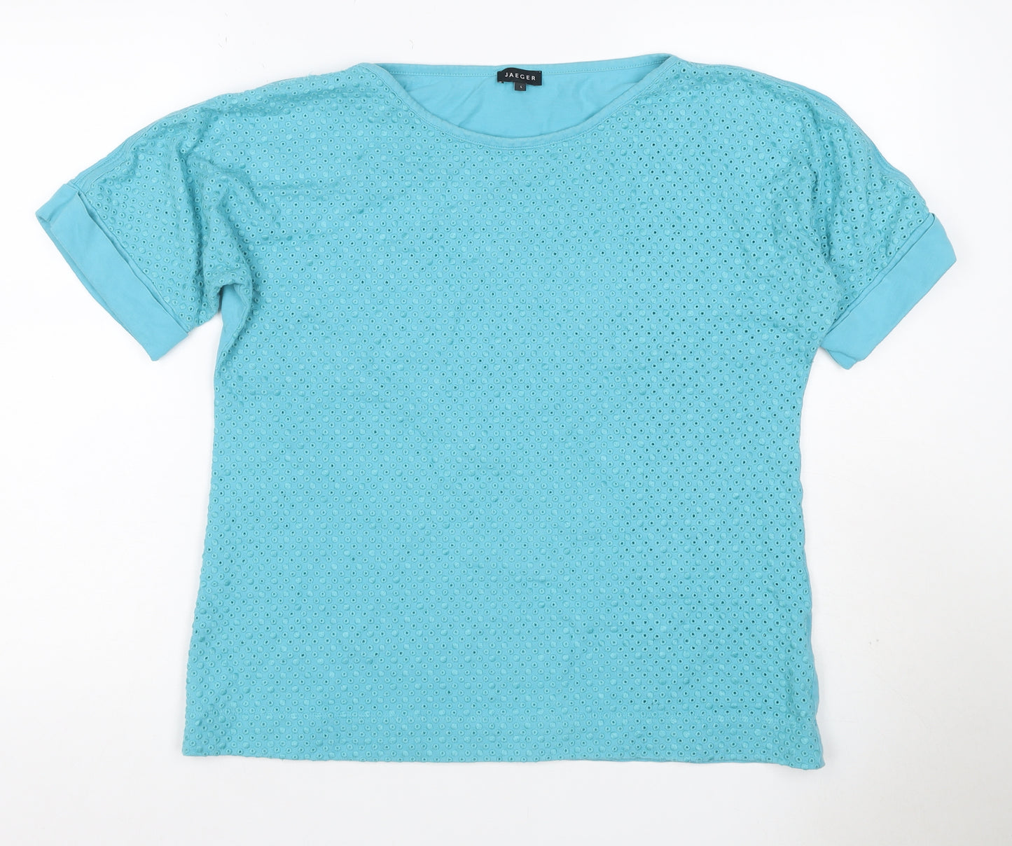 Jaeger Women Blue L Cotton Broderie Anglaise Short Sleeve T-Shirt
