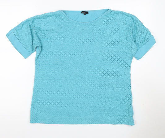 Jaeger Women Blue L Cotton Broderie Anglaise Short Sleeve T-Shirt