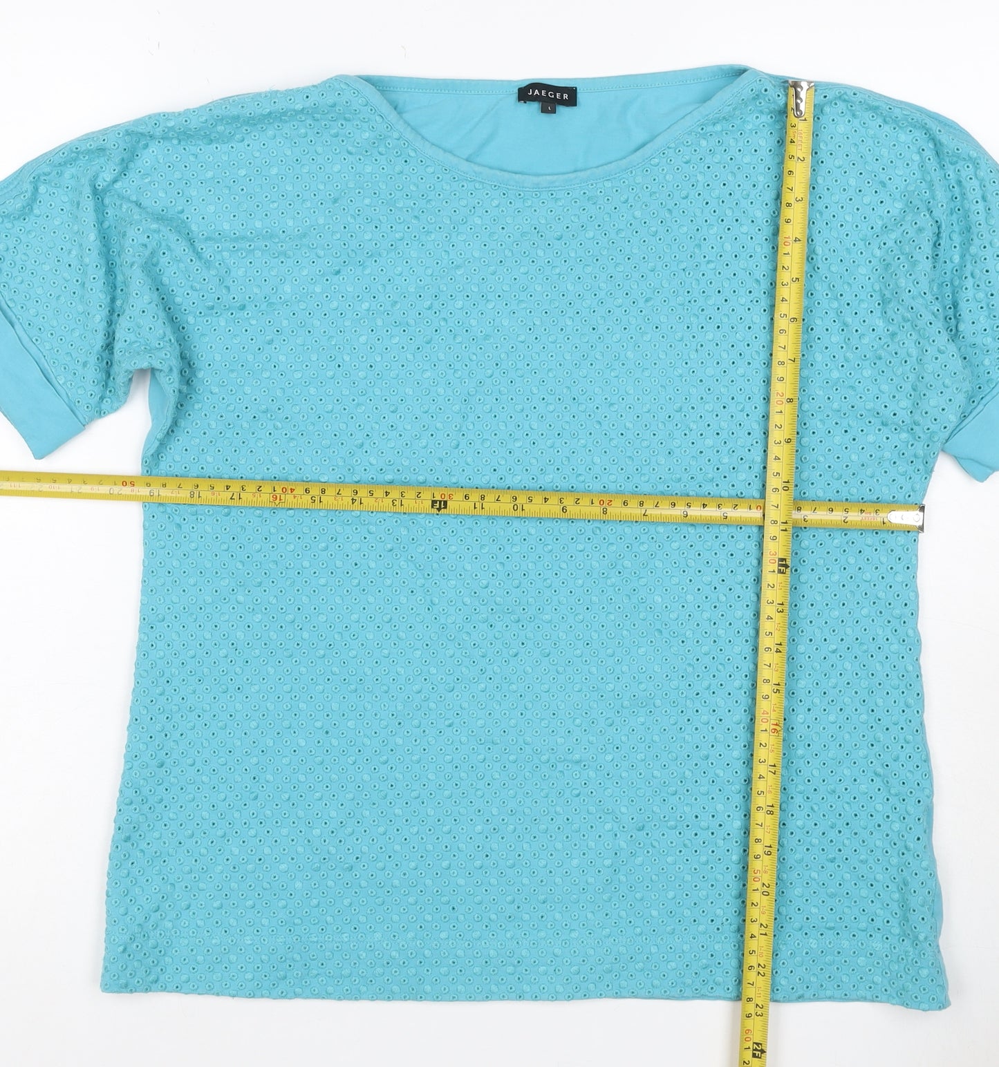 Jaeger Women Blue L Cotton Broderie Anglaise Short Sleeve T-Shirt