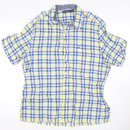 Nautica Men’s XL Blue Yellow Check Linen Cotton Button-Down Shirt
