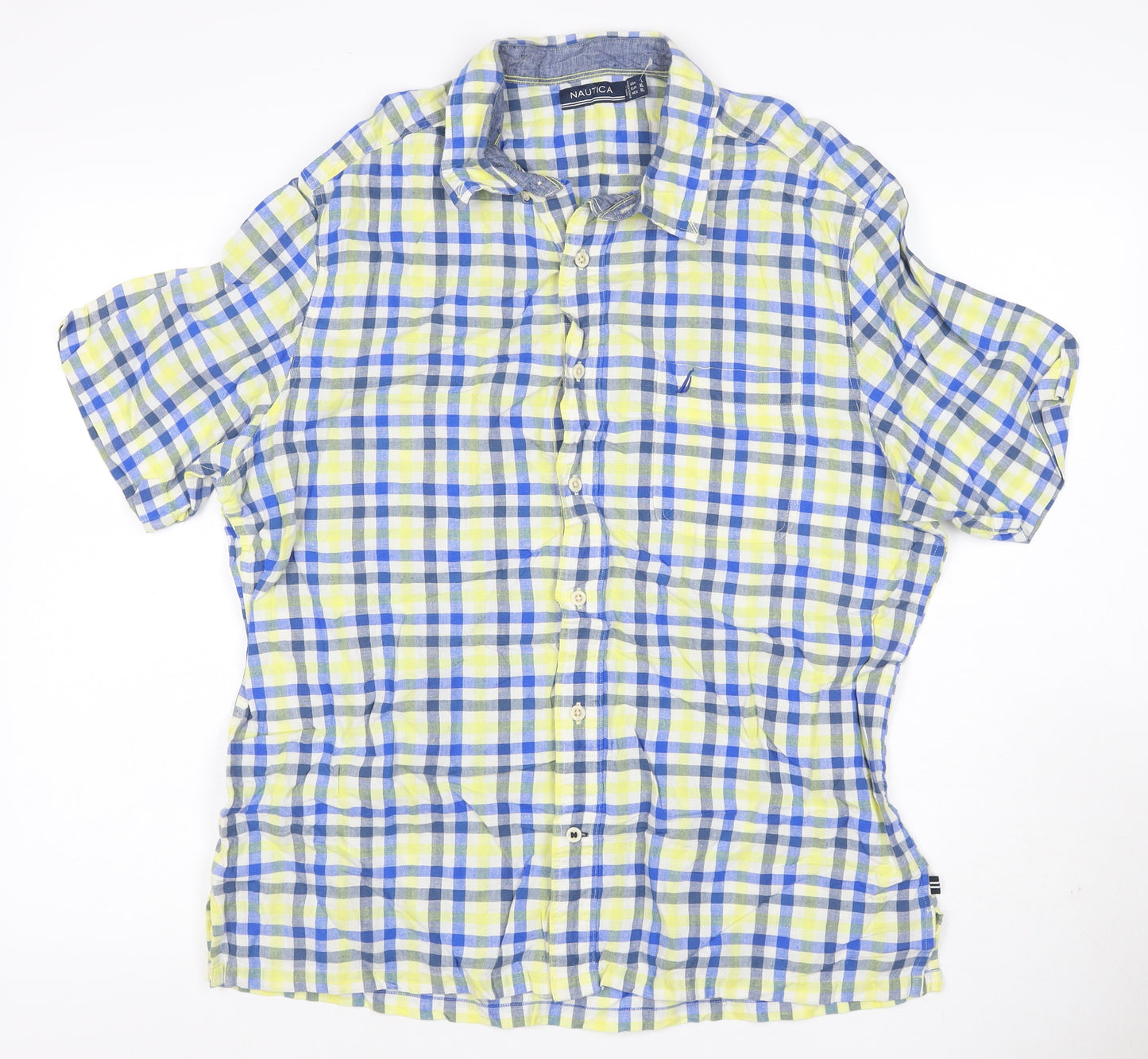 Nautica Men’s XL Blue Yellow Check Linen Cotton Button-Down Shirt
