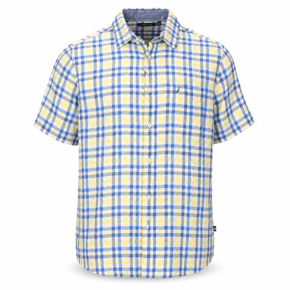 Front view of Nautica Men’s XL Blue Yellow Check Linen Cotton Button-Down Shirt