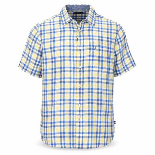 Front view of Nautica Men’s XL Blue Yellow Check Linen Cotton Button-Down Shirt
