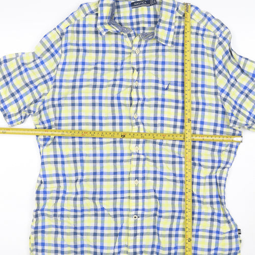 Nautica Men’s XL Blue Yellow Check Linen Cotton Button-Down Shirt