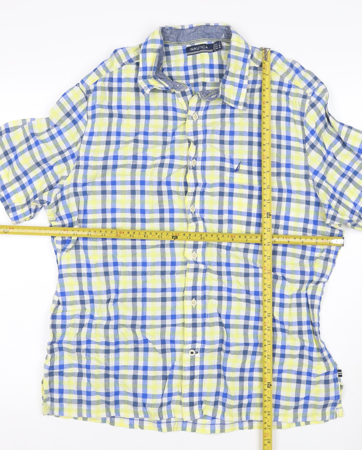 Nautica Men’s XL Blue Yellow Check Linen Cotton Button-Down Shirt