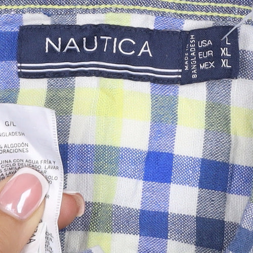 Nautica Men’s XL Blue Yellow Check Linen Cotton Button-Down Shirt