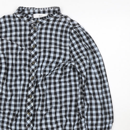 &et Women Black Check Ruffle Button-Up Blouse UK 8 Long Sleeve