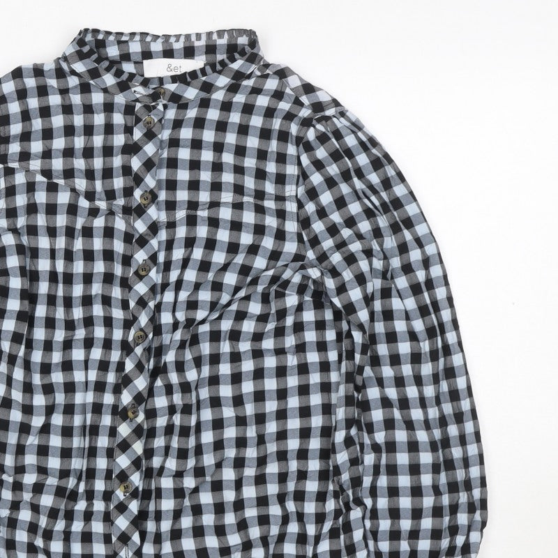 &et Women Black Check Ruffle Button-Up Blouse UK 8 Long Sleeve
