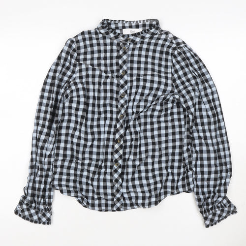 &et Women Black Check Ruffle Button-Up Blouse UK 8 Long Sleeve