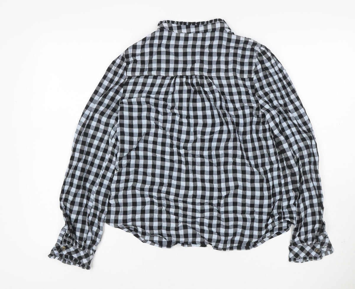 &et Women Black Check Ruffle Button-Up Blouse UK 8 Long Sleeve