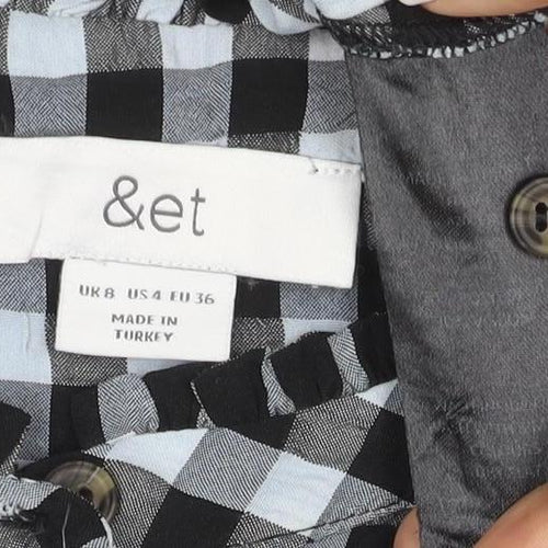 &et Women Black Check Ruffle Button-Up Blouse UK 8 Long Sleeve
