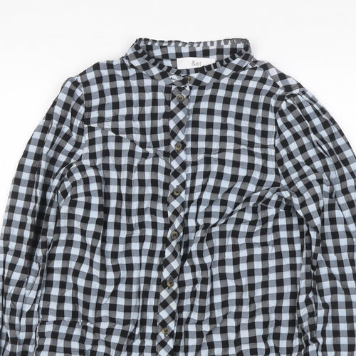 &et Women Black Check Ruffle Button-Up Blouse UK 8 Long Sleeve