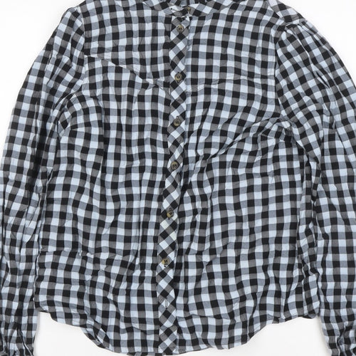 &et Women Black Check Ruffle Button-Up Blouse UK 8 Long Sleeve