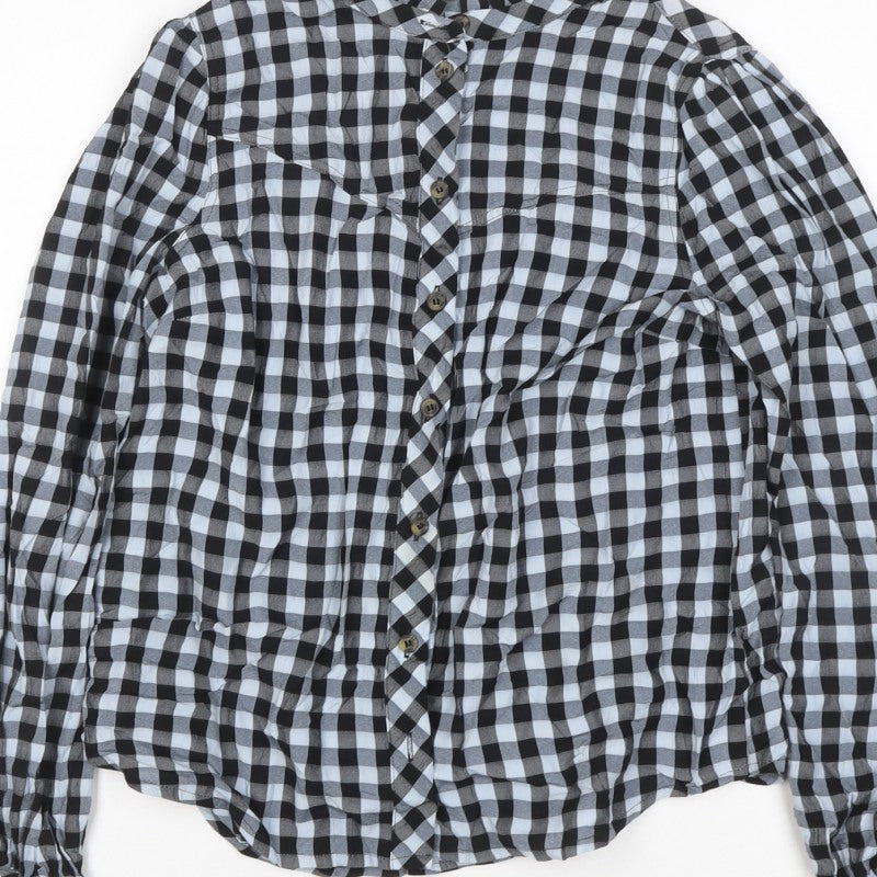 &et Women Black Check Ruffle Button-Up Blouse UK 8 Long Sleeve